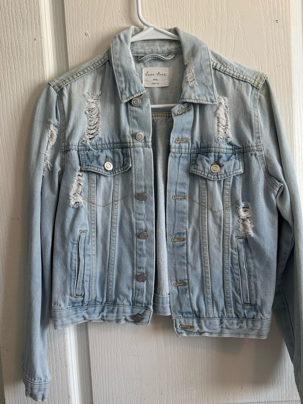 Love Tree Light Wash Distressed Denim Jacket - Pale Blue